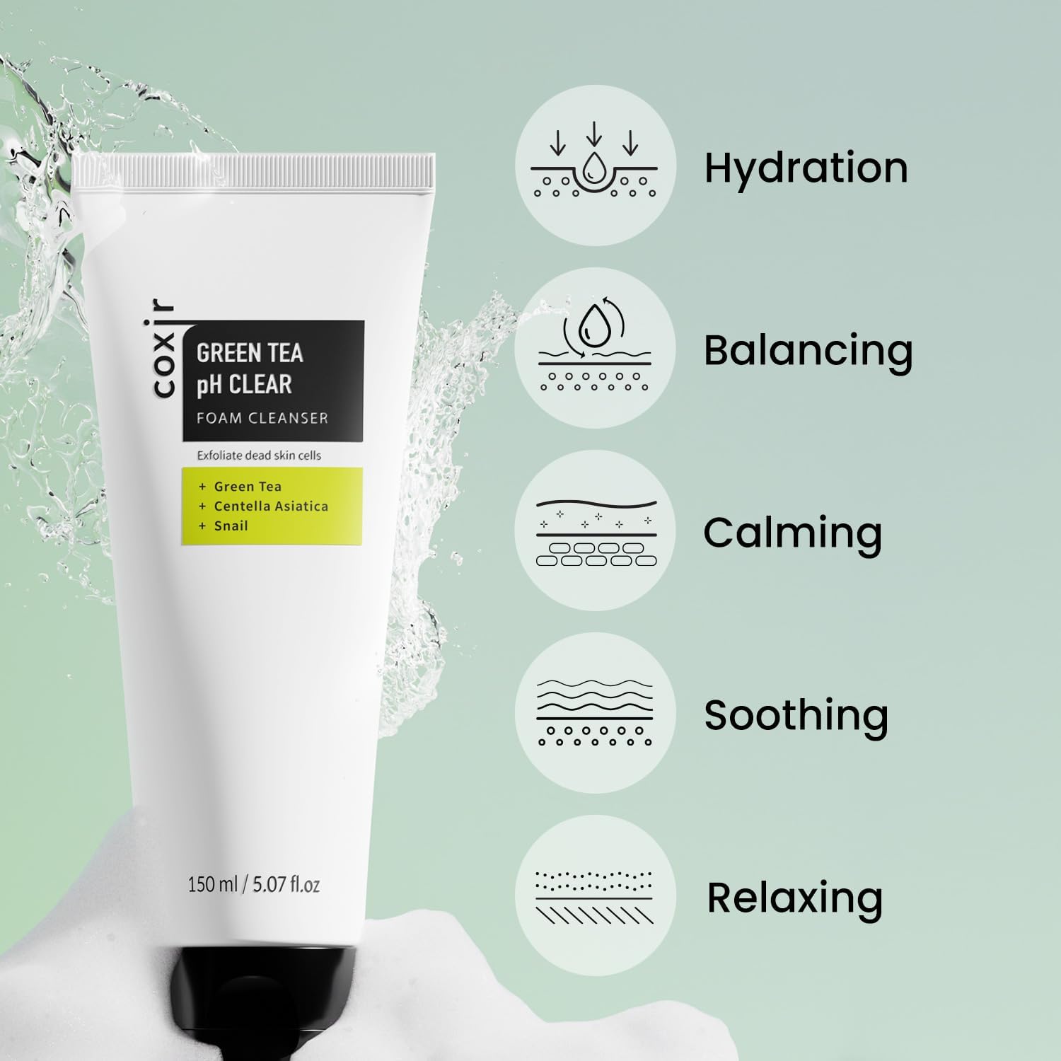 coxir GREENTEA PH CLEAR FOAM CLEANSER 5.07 Fl Oz l Low pH Formula Facial Washes with Gentle Exfoliating l deep cleanses pores and remove dead skin cells on skin