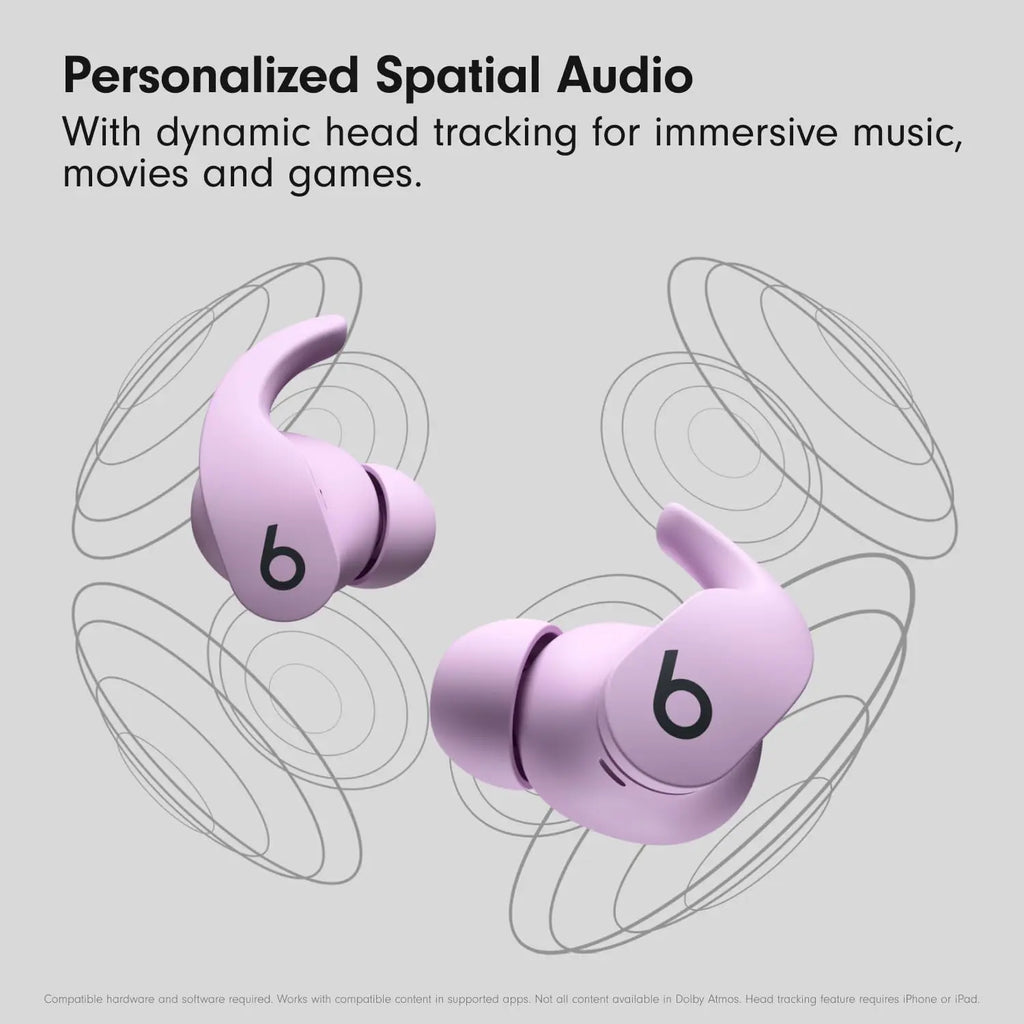Stone purple Beats Fit Pro earbuds with wingtips and spatial audio