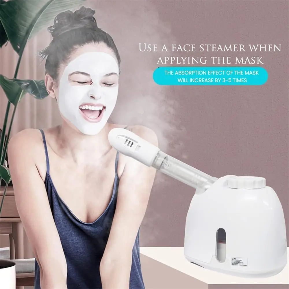 Woman using white portable facial steamer to enhance face mask absorption at home or salon