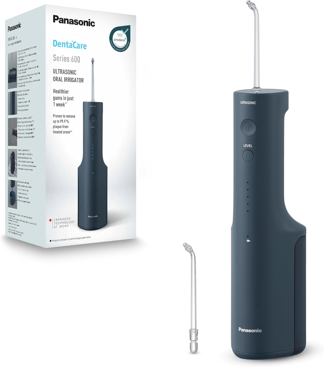Panasonic Serie 600 Ultrasonic Dental Irrigator EW-DJ66-A303, Oral Irrigator, 200 ml, IPX7, 2 Standard Tips, 5 Pressure Settings, Travel Accessory, Navy Blue