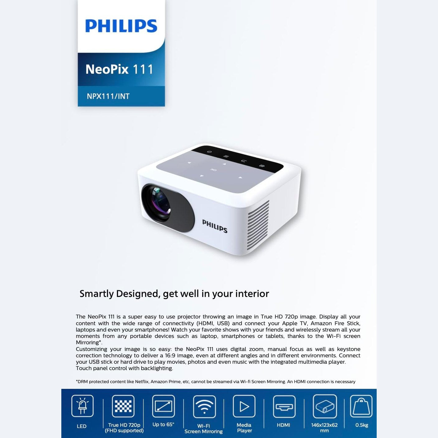 Philips NeoPix 111, True HD 720p Mini Projector with Built-in Dual Band Wi-Fi Screen Duplication