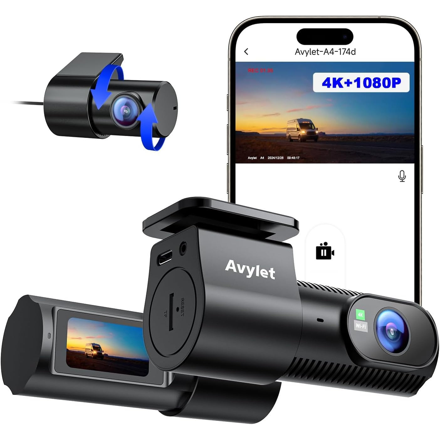 Avylet 4K+1080P Dash Cam Car Front Rear Wi-Fi/App Dual Car Camera with Parking Monitoring, Supports External GPS Module, Super Night Vision, WDR, 170°+150° Wide Angle, G-Sensor, Max 256GB
