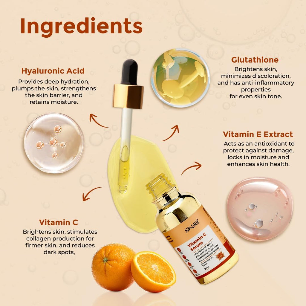 Skya Vitamin C Serum With Vit E, & Ferulic Acid For Glowing Skin | Advanced Brightening Formula With Power of Vit C & E, Ferulic Acid & Fullerenes create a smooth layer, 20 ml