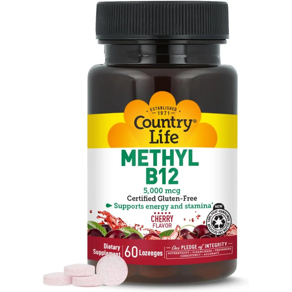 Country Life Methyl B12, Supports Energy & Stamina, 5,000mcg, 60 Lozenges, Certified Gluten Free, Certified Vegan, Certified Non-GMO Verified