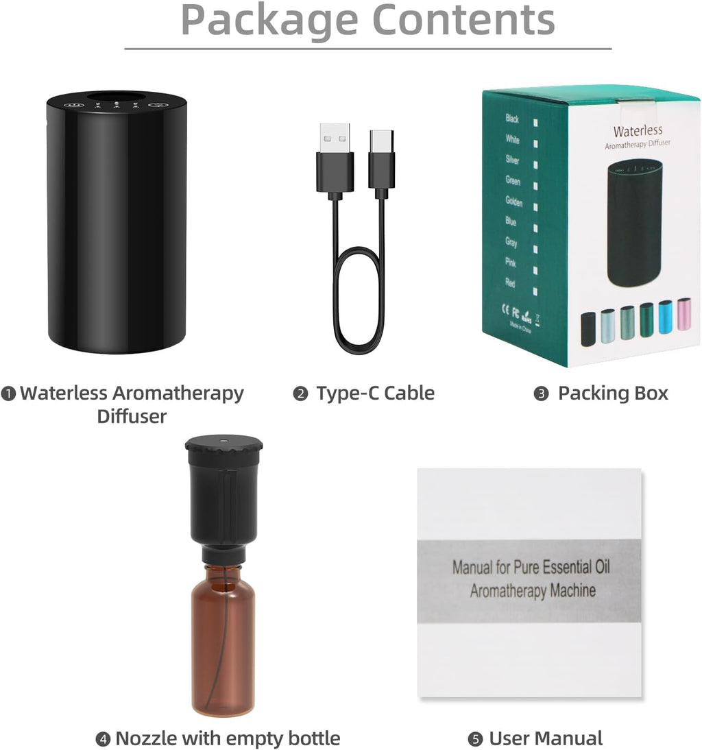 Wasserloser Diffusor, Aromatherapie Zerstäubungsdiffusor, 10/30/90s Sprüheinstellung, Timer & Ätherisches Öl Diffusor Batteriebetrieben Hält 10 h, Super Leise und dichter Nebel für Auto,Raum,Büro