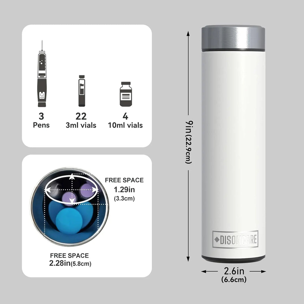 Closed white DISONCARE Odyssey 60H cooler with specs for 3 pens 22 vials and internal dimensions