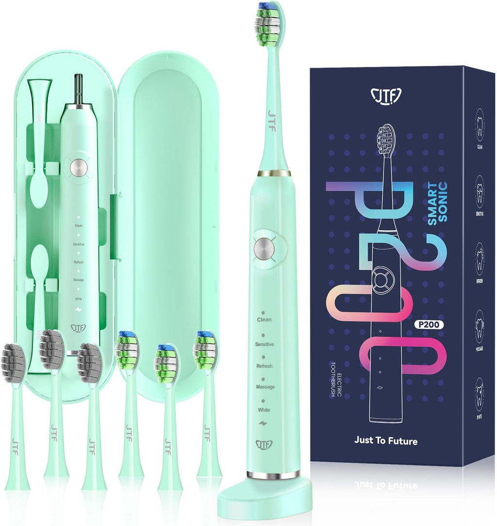 JTF Electric Toothbrush, Sonic Toothbrush with 6 Brush Heads, 40,000 VPM, 5 Modes, Electric Toothbrush with Travel Case, Endurance 60 Days, IPX7, 2 Minutes Smart Timer, Green