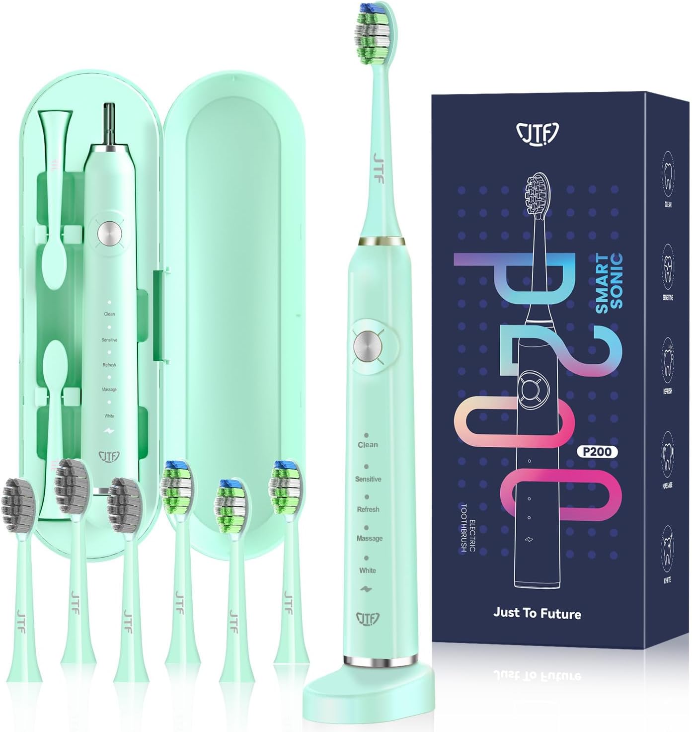 JTF Electric Toothbrush, Sonic Toothbrush with 6 Brush Heads, 40,000 VPM, 5 Modes, Electric Toothbrush with Travel Case, Endurance 60 Days, IPX7, 2 Minutes Smart Timer, Green