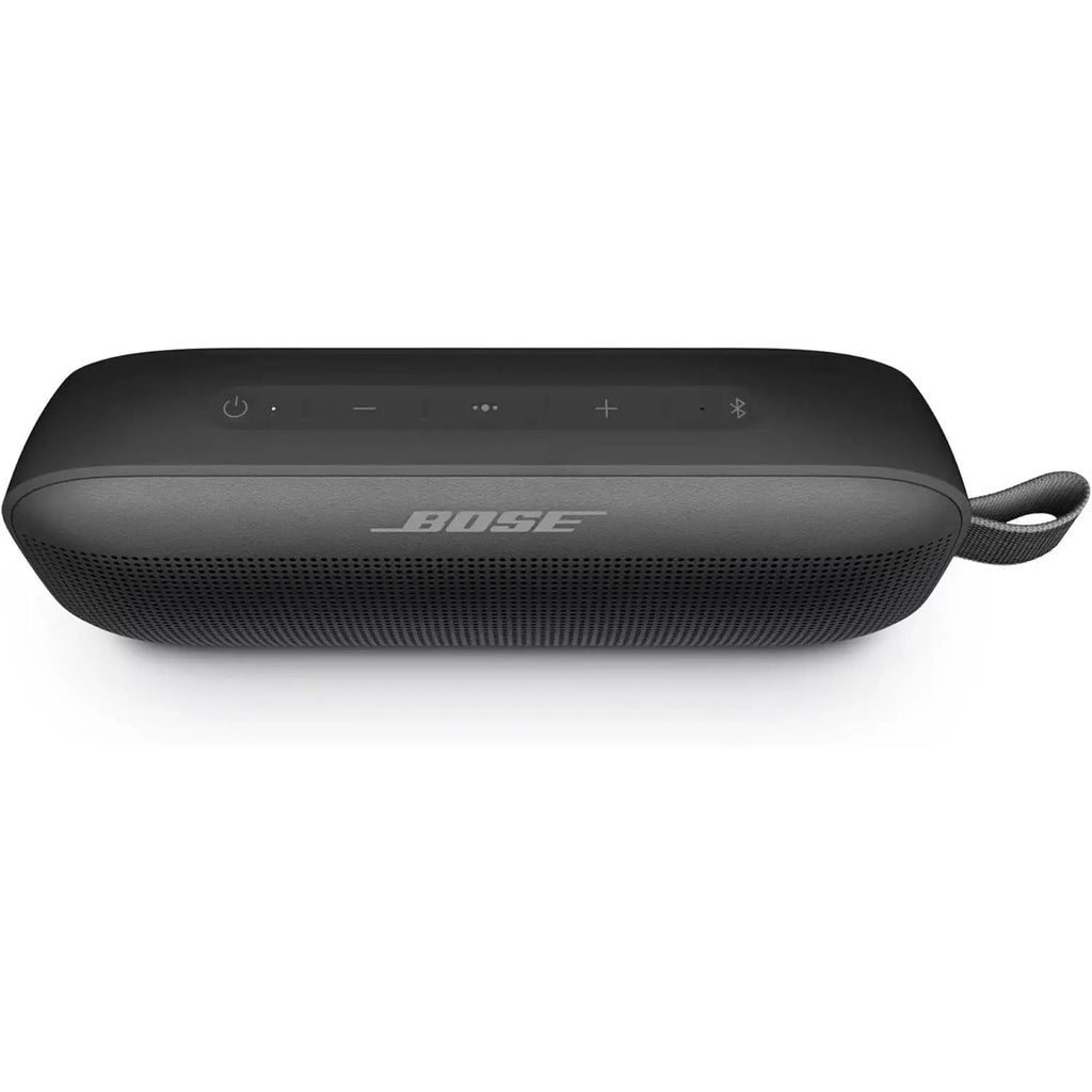 Top view of black Bose SoundLink Flex control buttons and perforated grille