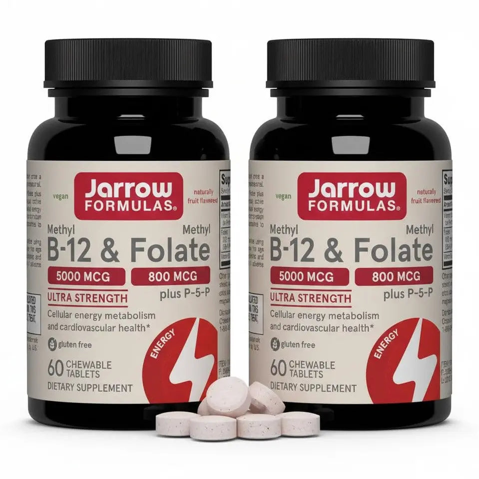 Jarrow Formulas Methyl B-12 & Methyl Folate, Bioactive Vitamin B9 and Vitamin B12 Supplement, Supports Cellular Energy Production, Healthy Brain Function & Metabolism, 60 Chewable Tablets, 60 Servings