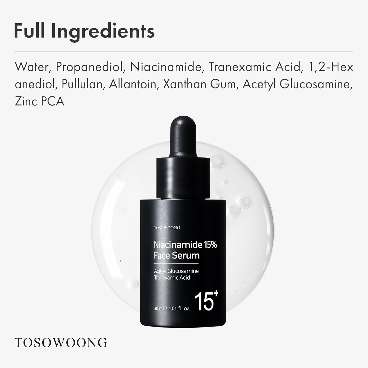 TOSOWOONG Niacinamide 15% Face Serum, 150,100ppm Niacinamide, Tranexamic acid, Supports Even Skin Tone, Glass Skin, Radiant Complexion, Refines Appearance of Pores, Korean Skin Care, 30ml, 1.01 fl.oz