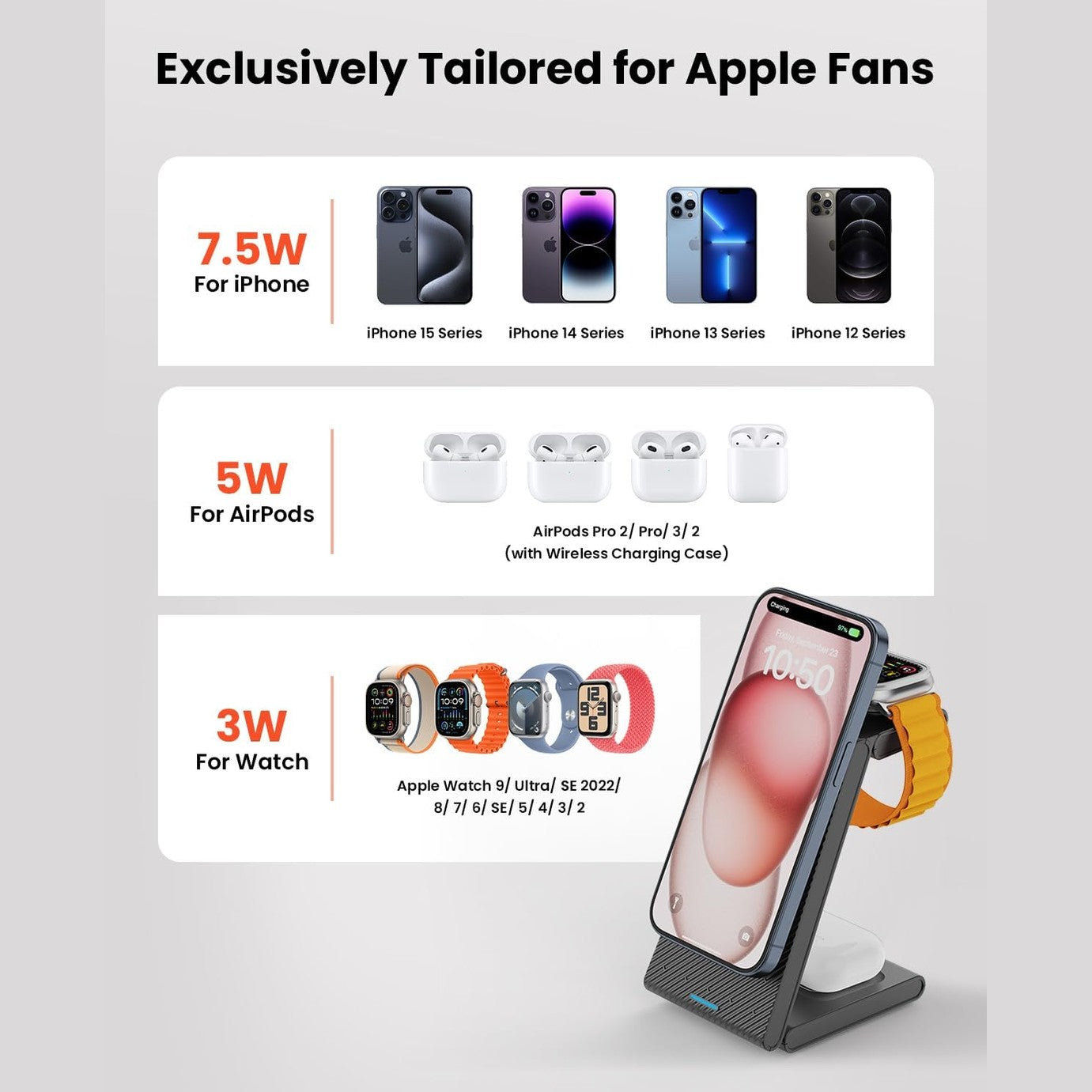 3 in 1 Wireless Charging Station, Foldable Magnetic Charger Stand for Multiple Devices, Wireless Charger for iPhone 16/15/14/13/12, Apple Watch 9/8/7/6/SE/5/4/3/2, AirPods 4/3/2/Pro