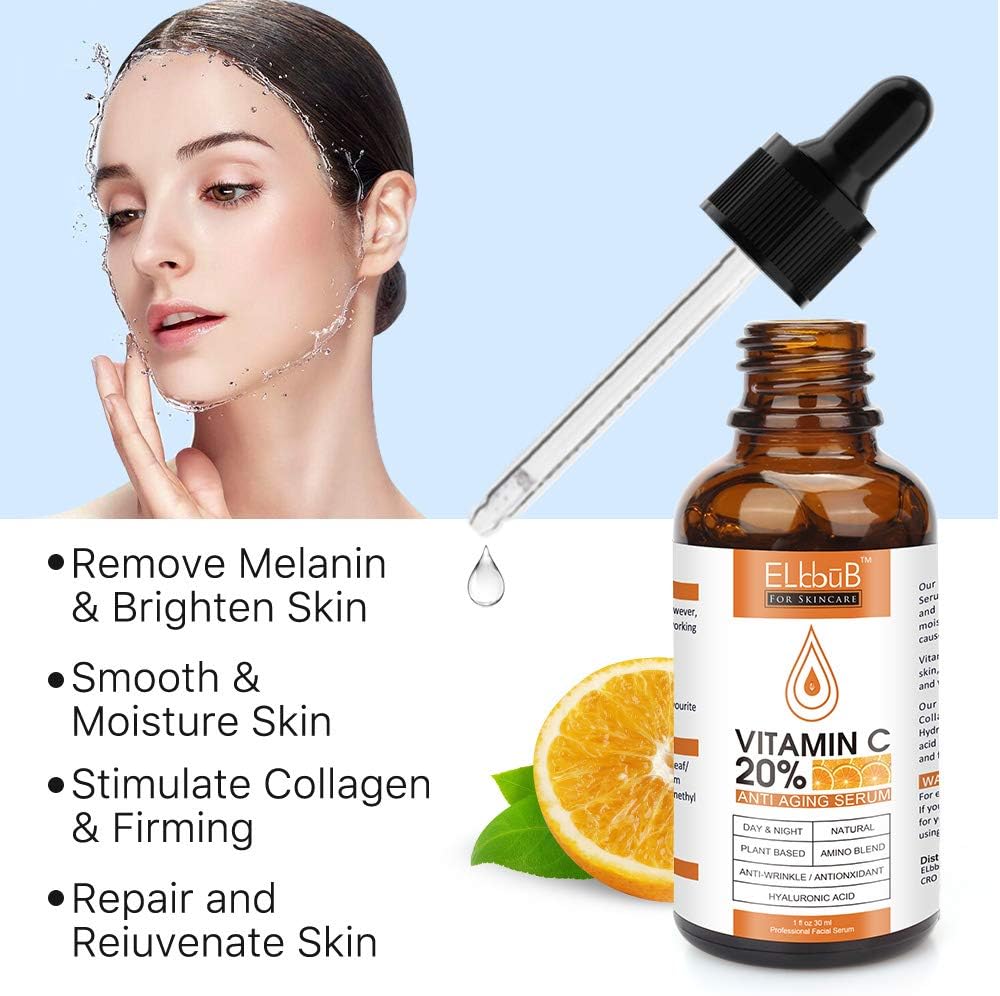 ELBBUB Premium 20% Vitamin C Serum For Face with Hyaluronic Acid, Retinol & Amino Acids - Boost Skin Collagen, Brighten Hydrate & Plump Skin, Anti Aging & Wrinkle Facial Serum