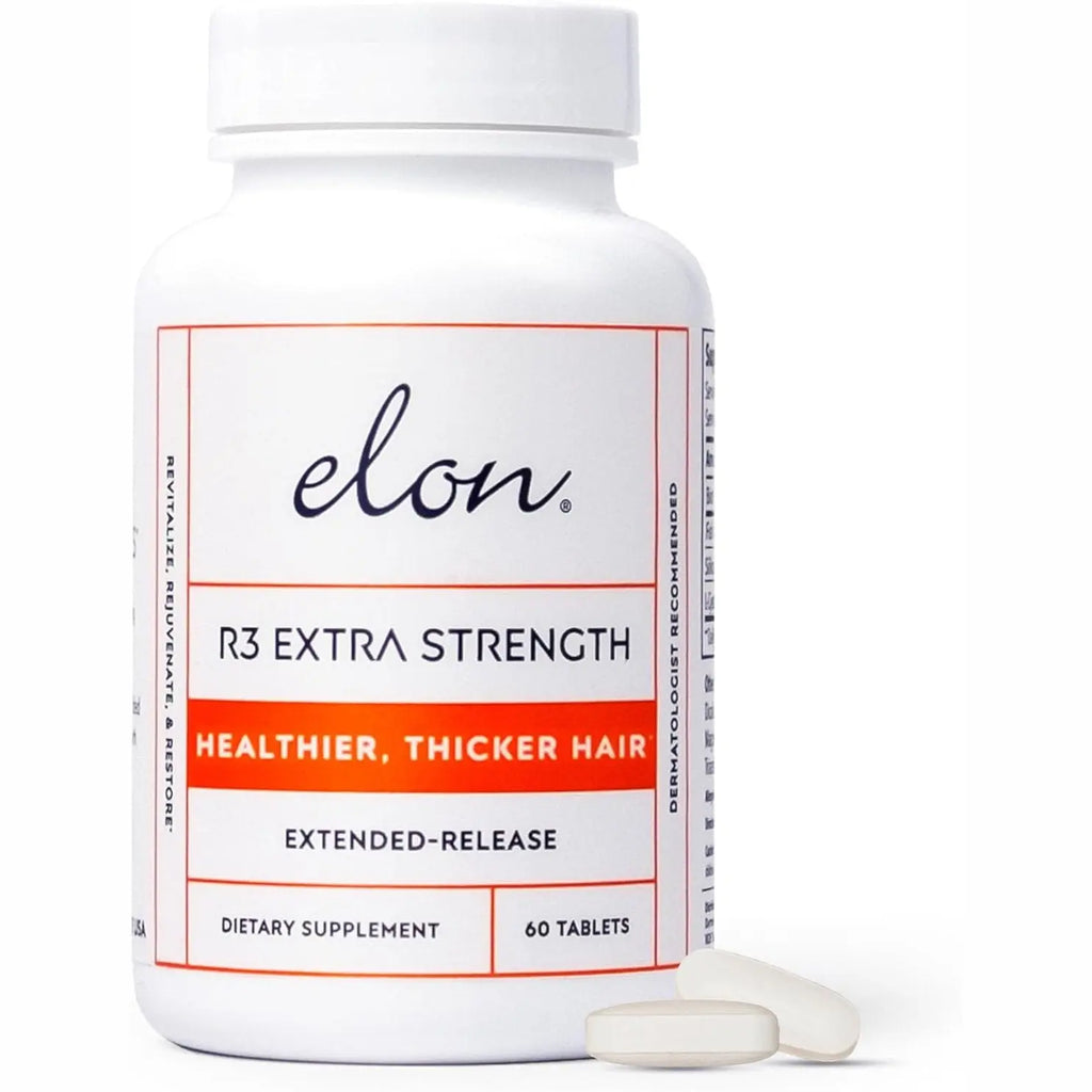 Elon R3 Extra Strength hair growth supplement bottle with 60 extended-release tablets