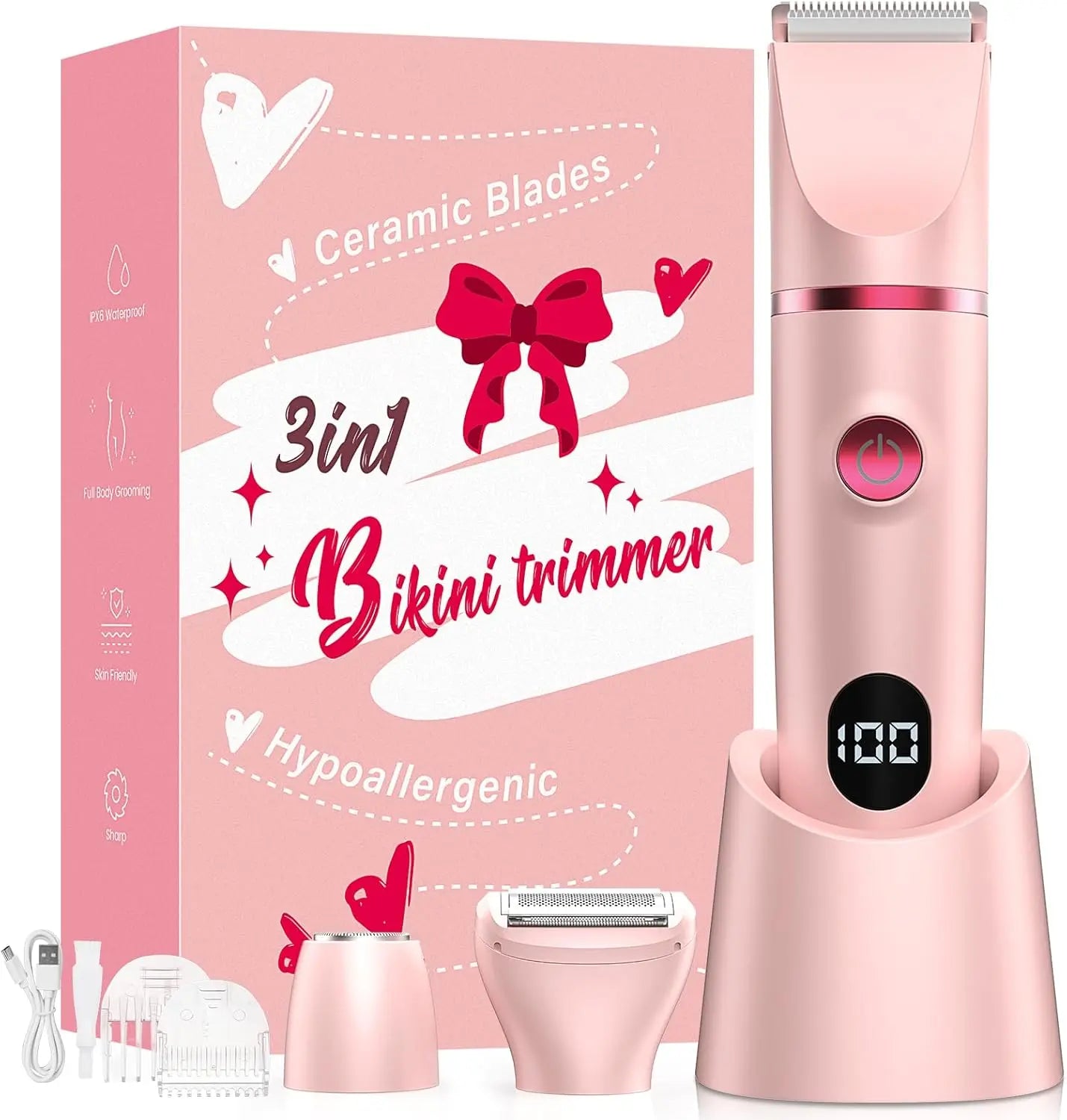 IPX7 Waterproof Bikini Trimmer for Women, Hypoallergenic Painless Ceramic Blade Electric Face Razors for Shaving, Facial Pubic Hair Removal Shaver for Shower Use Summer Beach Travel Essentials