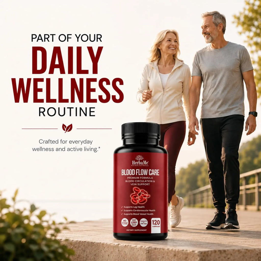 HerbaMe blood flow care capsules on stone ledge with couple walking outdoors