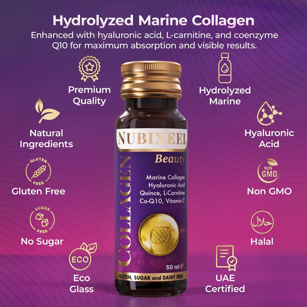 Nubixeel Premium Marine Collagen (10 Shots) – Hydrolyzed Liquid Collagen with Vitamin C + Biotin + E + B5 + B6 | Hair & Skin Support | for Women & Men | Sugar-Free | Gluten-Free
