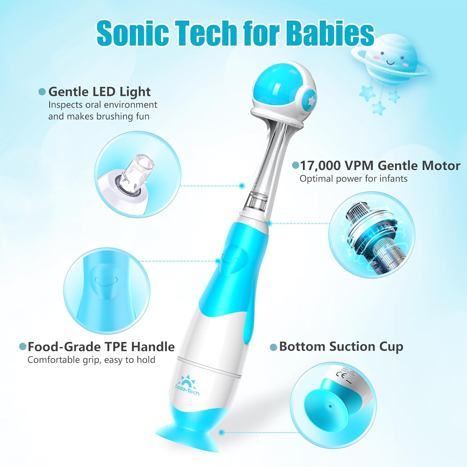 Electric Toothbrush Children's Baby Toothbrush Children's Toothbrush Electric from 1 2 3 Years with LED Light Integrated Timer 90% Rounded Bristles Baby Toothbrush for Toddlers (Blue Astronauts)