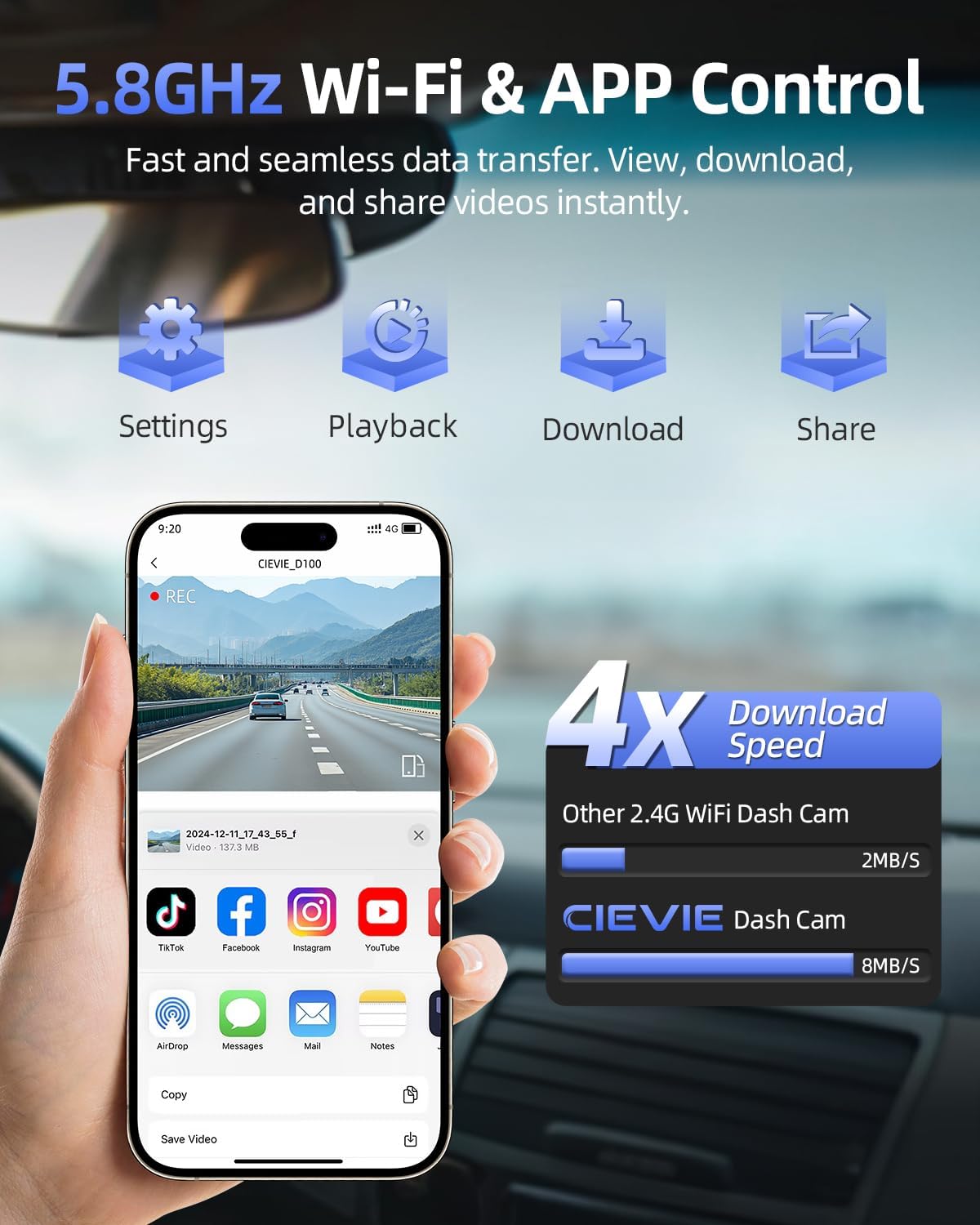 CIEVIE 4K + 1080P Car Front Rear Dash Cam with 64GB SD Card, 5GHz WiFi Dash Cam with 3.8 cm IPS Display, 170° Wide Angle, G-Sensor, WDR Night Vision, Loop Recording, App Control, Supports 256 GB Max