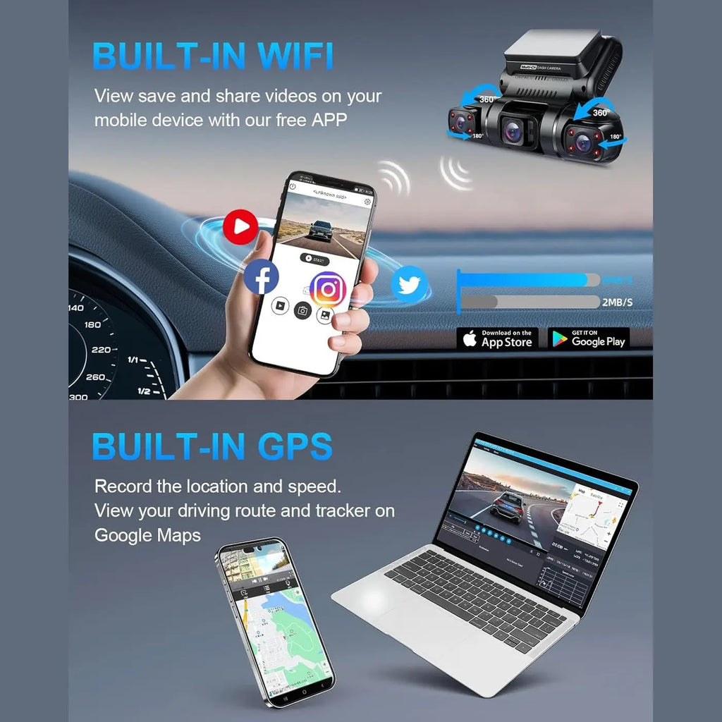 PRUVEEO Dash Cam, 4 Channel Camera FHD 1080Px4, Front, Left, Right and Rear, Front and Rear Inside, Built in GPS WiFi, 256 GB Max, Free 128GB Card, D90-4CH