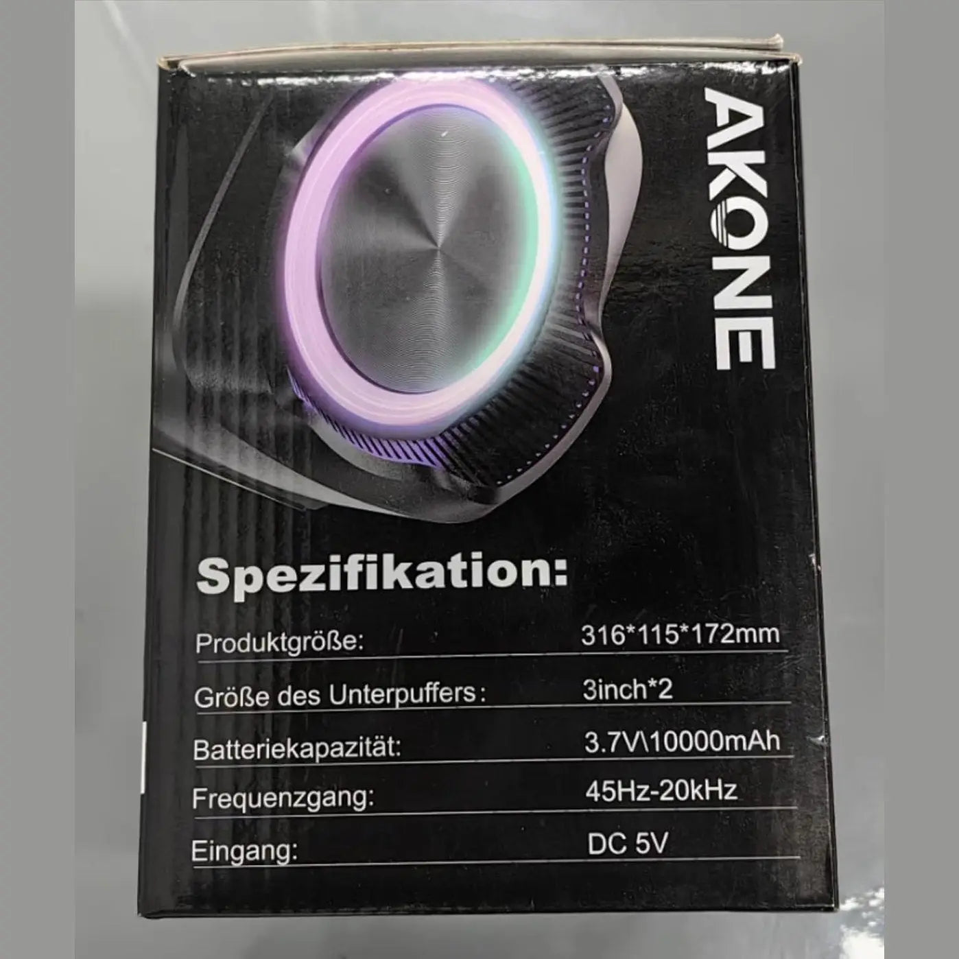 AKONE speaker product box with German specifications and 10000mAh battery details