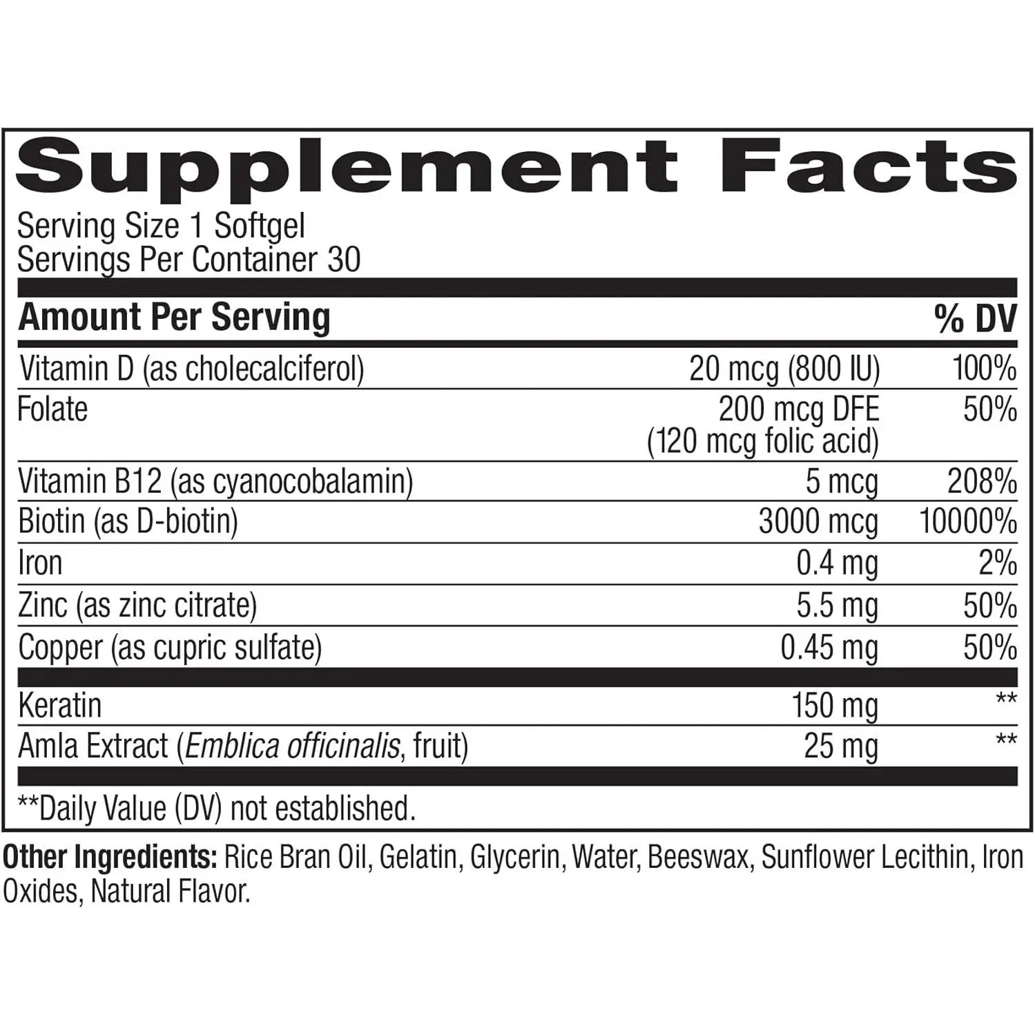 Supplement facts panel showing biotin keratin and vitamin D for OLLY hair softgels