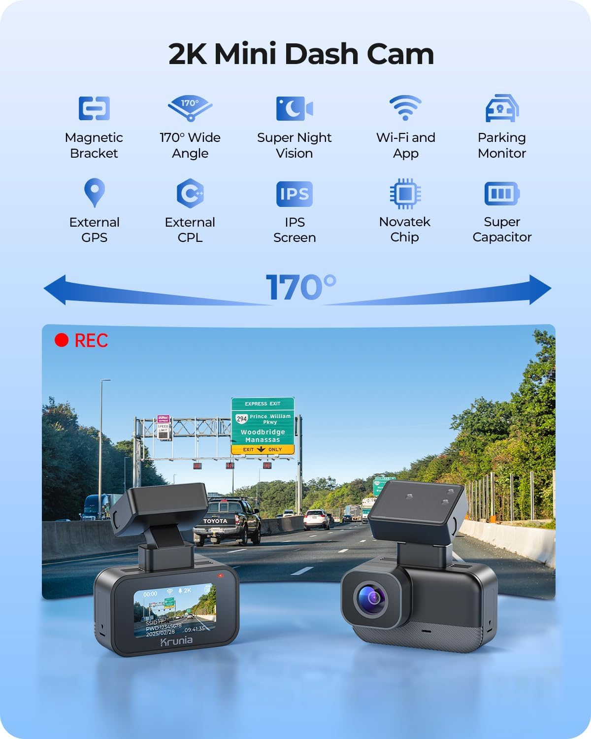 Krunia 2K WiFi Mini Dash Cam Car, Front Camera with App, CPL Support, External GPS, WDR Night Vision, 24 Hours Parking Monitoring, Magnetic Holder, Super Capacitor, 170° Wide Angle Camera