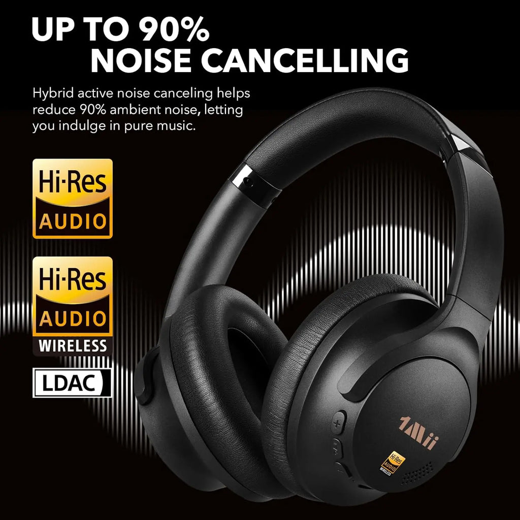 1Mii Y8 Noise Cancelling Headphones Bluetooth, Wireless LDAC Hi-Res Audio, Custom EQ, 75H Playtime, Comfort Fit, Over Ear Headphones Foldable for Airplane Travel Home Office - App Enhanced Black