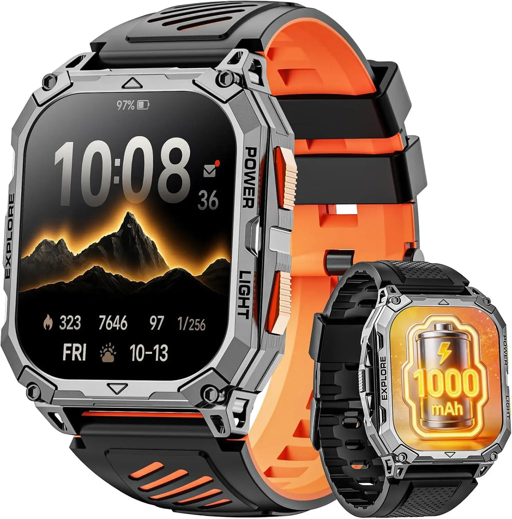 Military Smart Watch for Men, 2.01" HD Fitness Tracker with 100-Day Battery, Bluetooth Call,IP68 Waterproof, Heart Rate/Sleep/SpO2/Stress Monitor, 120+ Sports Modes for Android and iPhone