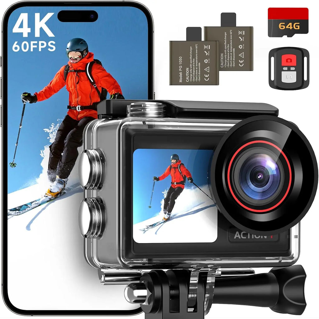 syndesmos Action Cam 4K 60FPS 30MP, 40M Underwater Camera, HD Underwater Camera Snorkelling 2 LCD Screens, Waterproof Ice Touchscreen Action Cam with 64GB Card, 2.4G Remote Control, Accessory Kit