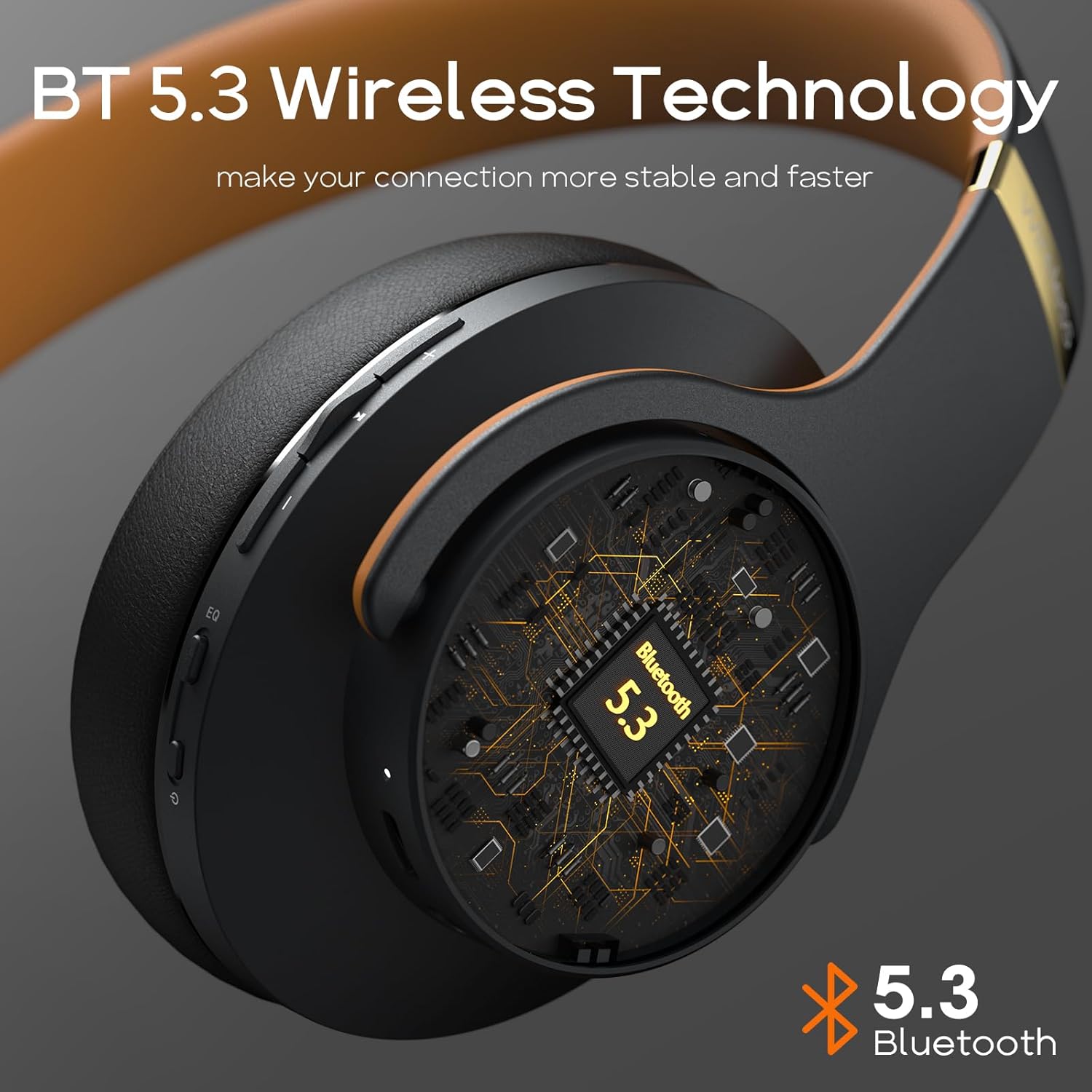 DOQAUS Wireless Over Ear Headphones, Bluetooth 5.3 with 90Hrs PlayTime, 3 EQ Modes, HiFi Stereo Foldable Headset with Microphone, Black Brown