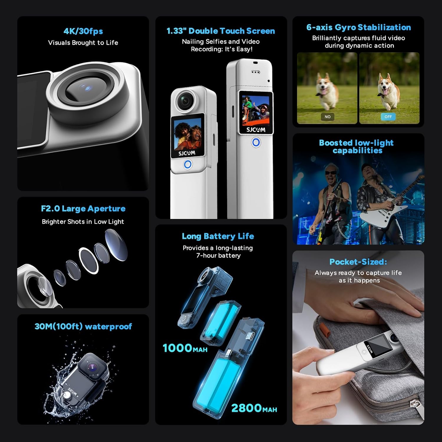 SJCAM C300 4K Action Camera,7H Power,Dual Touch Screen,170°FOV Pocket handheld camera,6-Axis Stabiization POV cam,8x Zoom Wearable Body Cam,3800mAh Vlogging Camera for Live Streaming,64G card,White