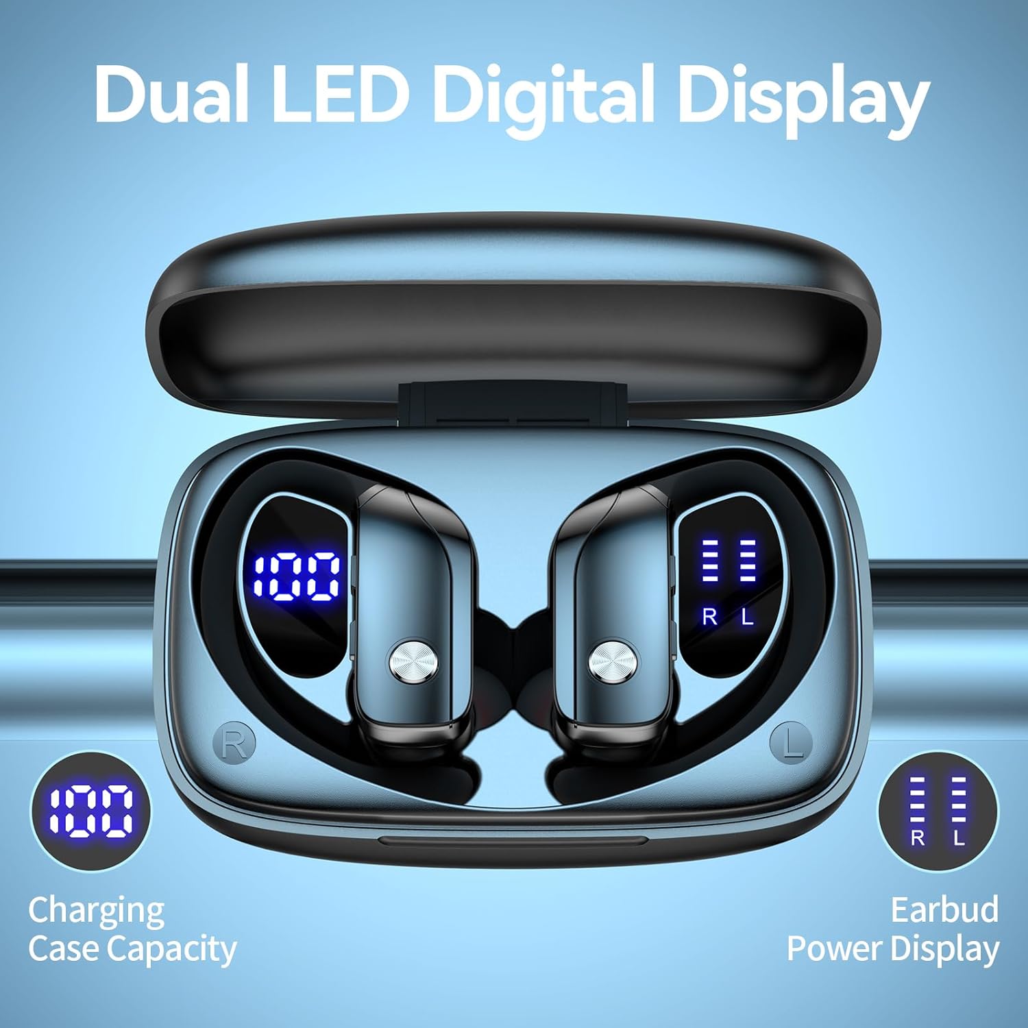 bmani Wireless Earbuds Bluetooth Headphones 48Hrs Play Back Sport Earphones With Led Display Over-Ear Buds With Earhooks Built-In Mic Headset For Workout Black -Veat00L