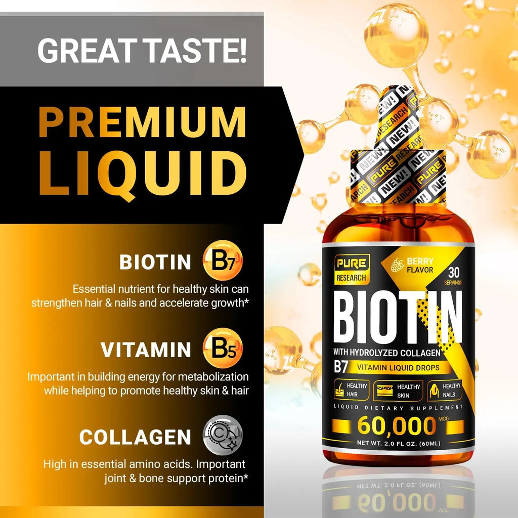 PURE RESEARCH biotin collagen liquid drops bottle with berry flavor label