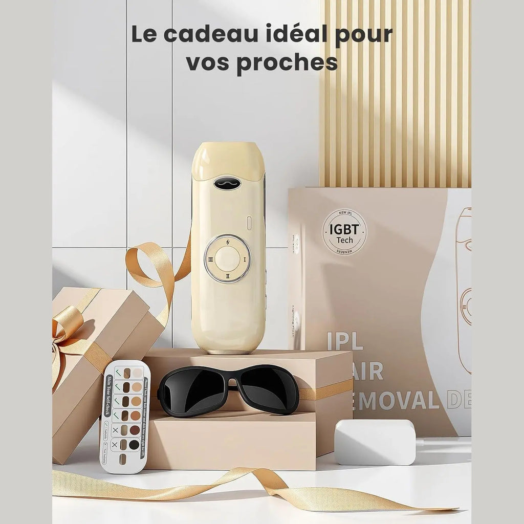Beige IPL hair removal device gift set with gold ribbon packaging