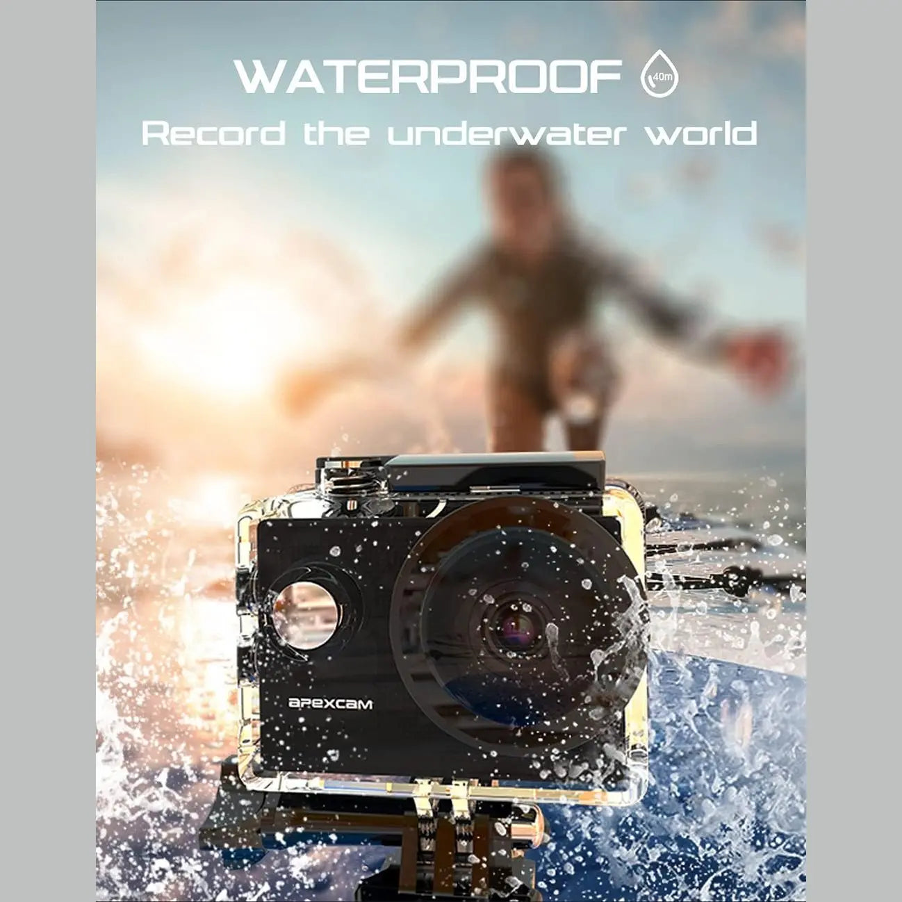 Apexcam 4K 60FPS Action Camera EIS 20MP WiFi 40M Underwater Waterproof Ultra HD Sport Camera 170° Wide Angle 2.4G Remote Control Support External Mic 2x1350mAh Rechargeable Batteries Accessory Kit