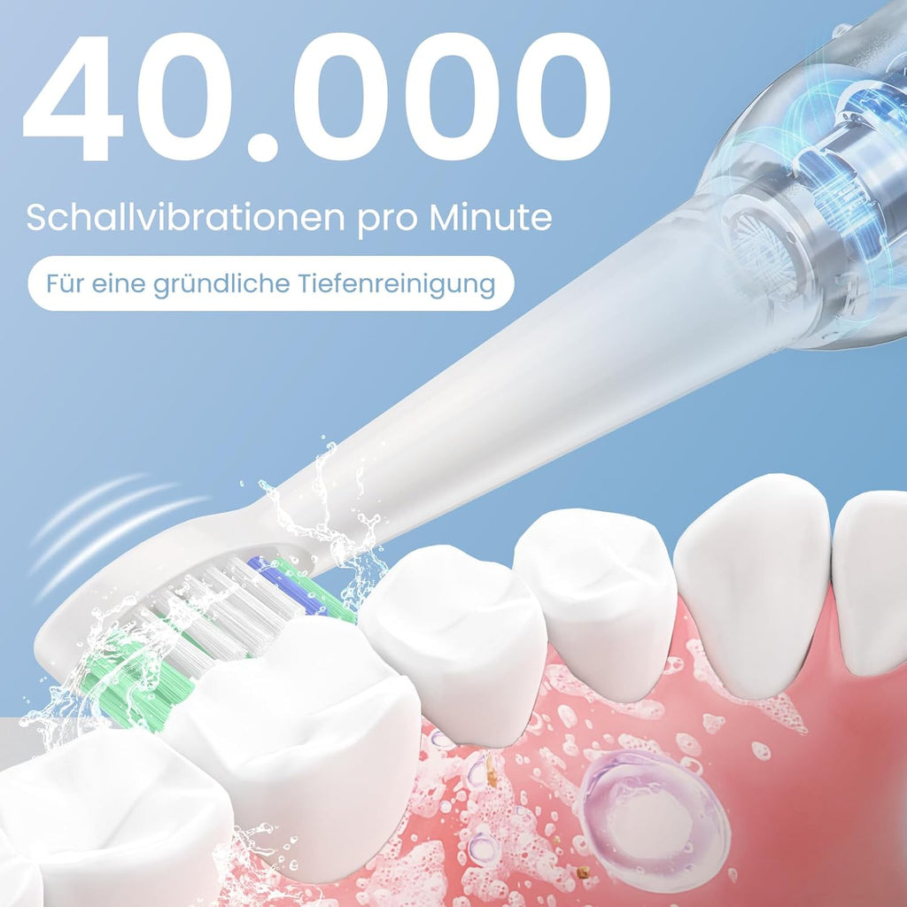 YUNCHI C2 Electric Toothbrush with 40000 VPM, Sonic Toothbrush for Adults and Children, USB-C Charge, 30 Days Battery Life, 5 Cleaning Modes, 2 Minute Timer, 8 Brush Heads, Travel Case, Light Blue and