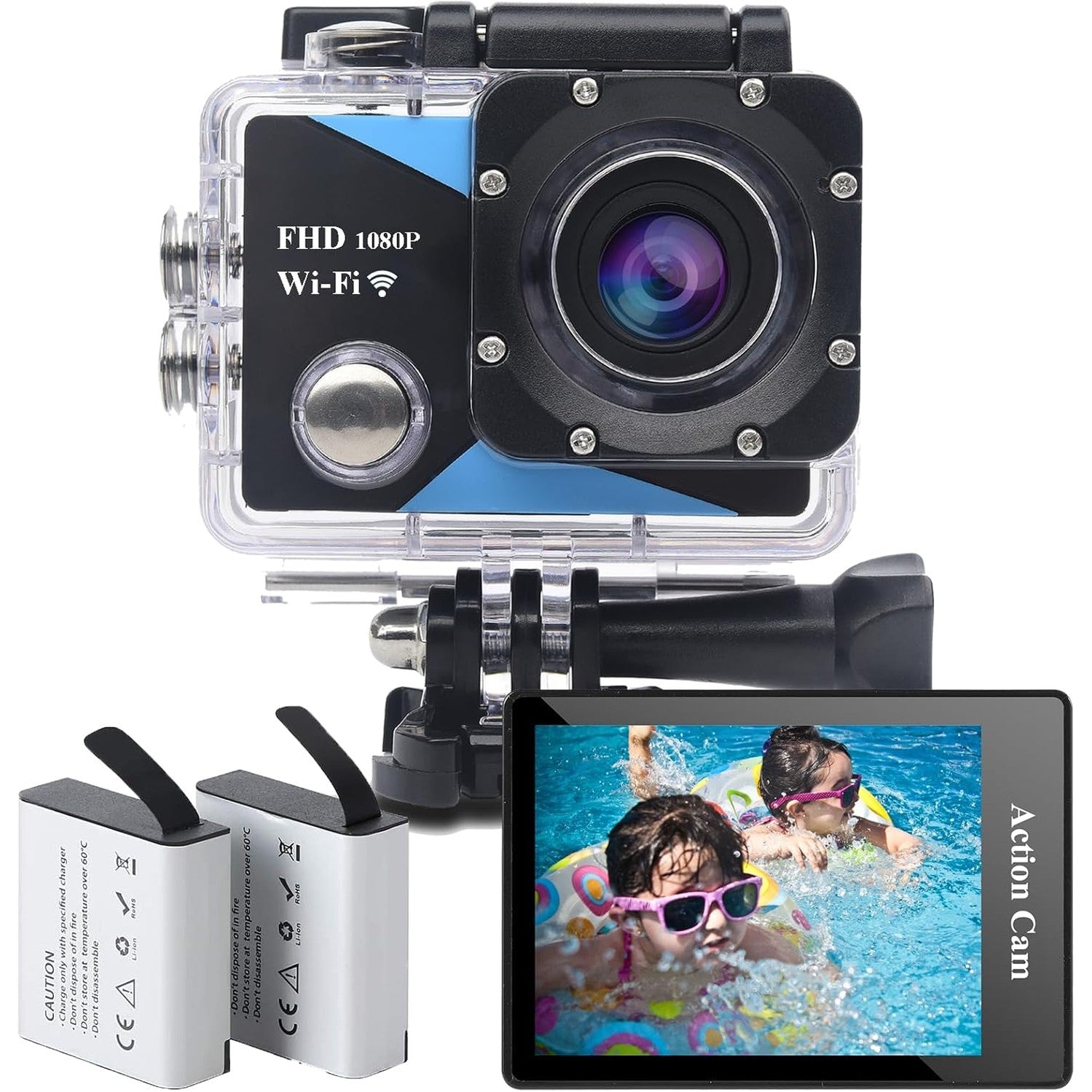 Nvgfelis WiFi Action Cam FHD, Underwater Camera Waterproof up to 30 m, Action Camera with 2 x 1050 mAh Rechargeable Batteries and Accessory Set