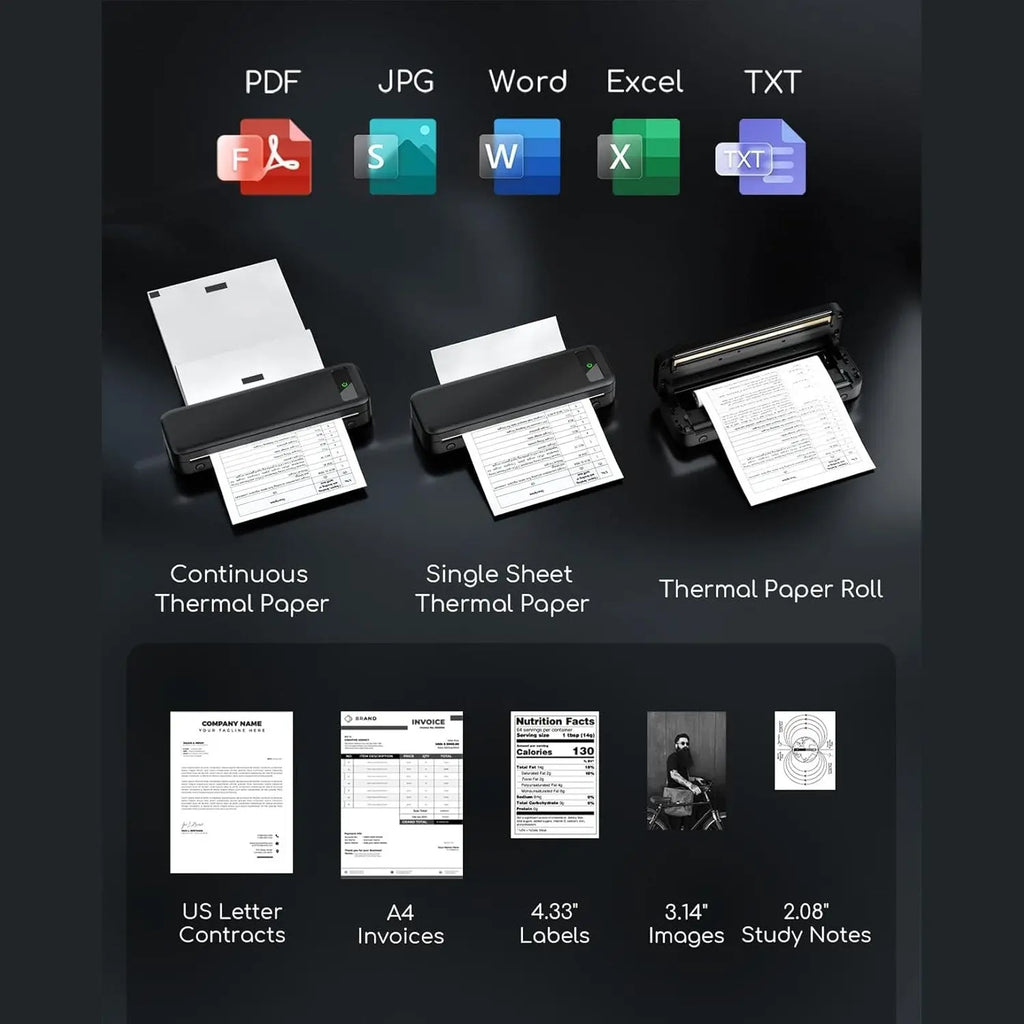 Portable printer supporting PDF Word Excel and continuous thermal paper rolls