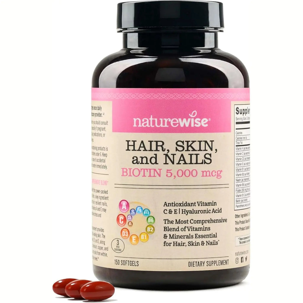 NatureWise Hair Skin and Nails Vitamin, Biotin 5000mcg w/Hyaluronic Acid, Collagen for Women with C, B Complex, D3, A, E, Iron - Non-GMO, Gluten Free - 150 Softgels[50-Day Supply]