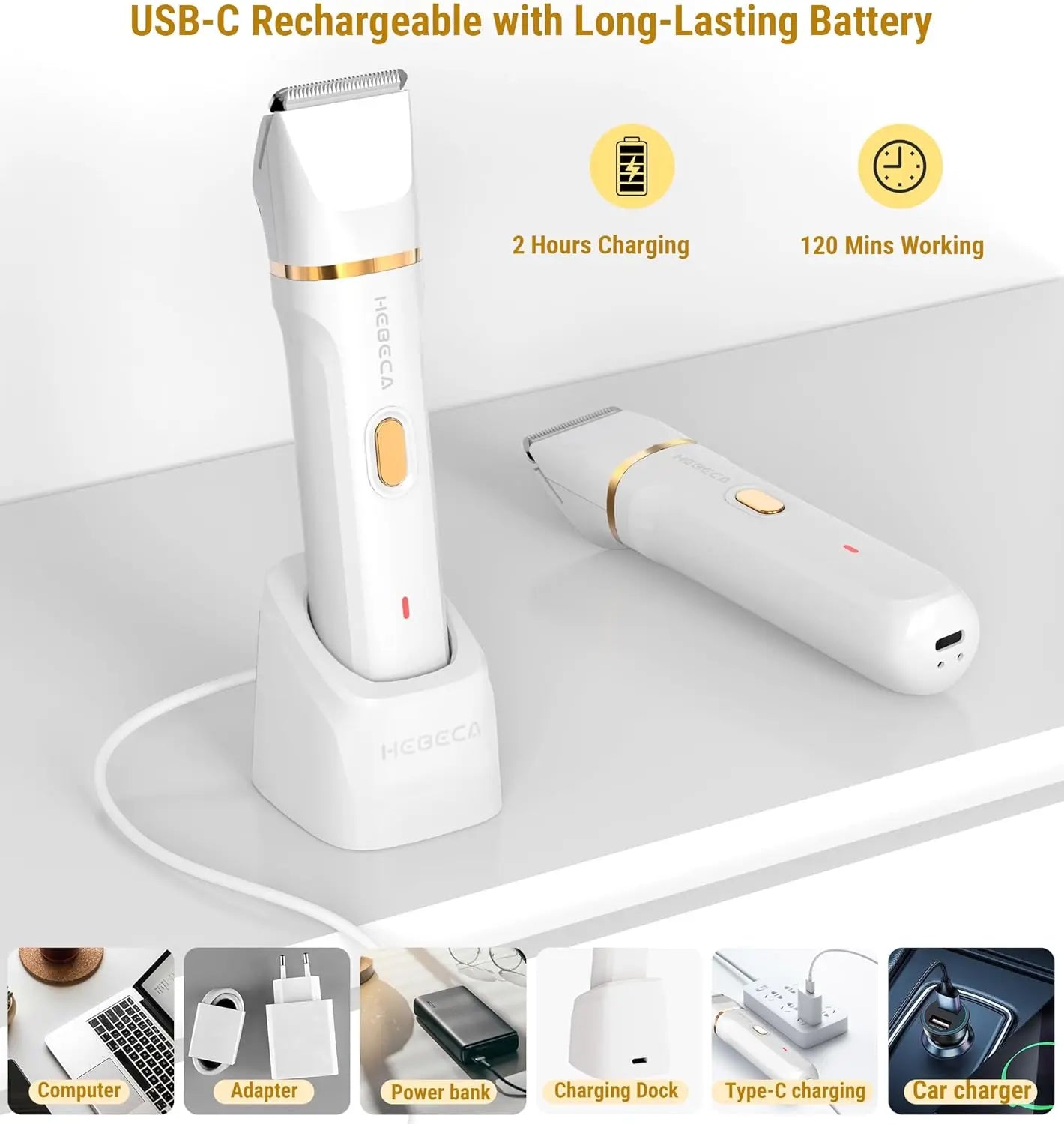 HEBECA Bikini Trimmer for Women, 3in1 Electric Razor for Women with Facial Trimmers & Intimate Shaver for Sensitive Skin, Waterproof Wet & Dry Use Rechargeable Pubic Hair Trimmer Removal