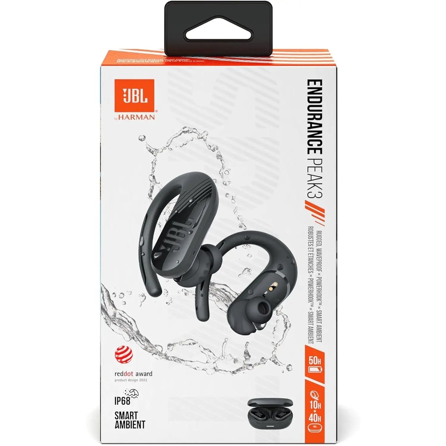 JBL Endurance Peak 3 Dust and Water Proof True Wireless Active Earbuds, JBL Pure Bass Sound, 50H Battery Hours, 4-Mic Technology, Powerhook Design - Black, JBLENDURPEAK3BLK, Standard