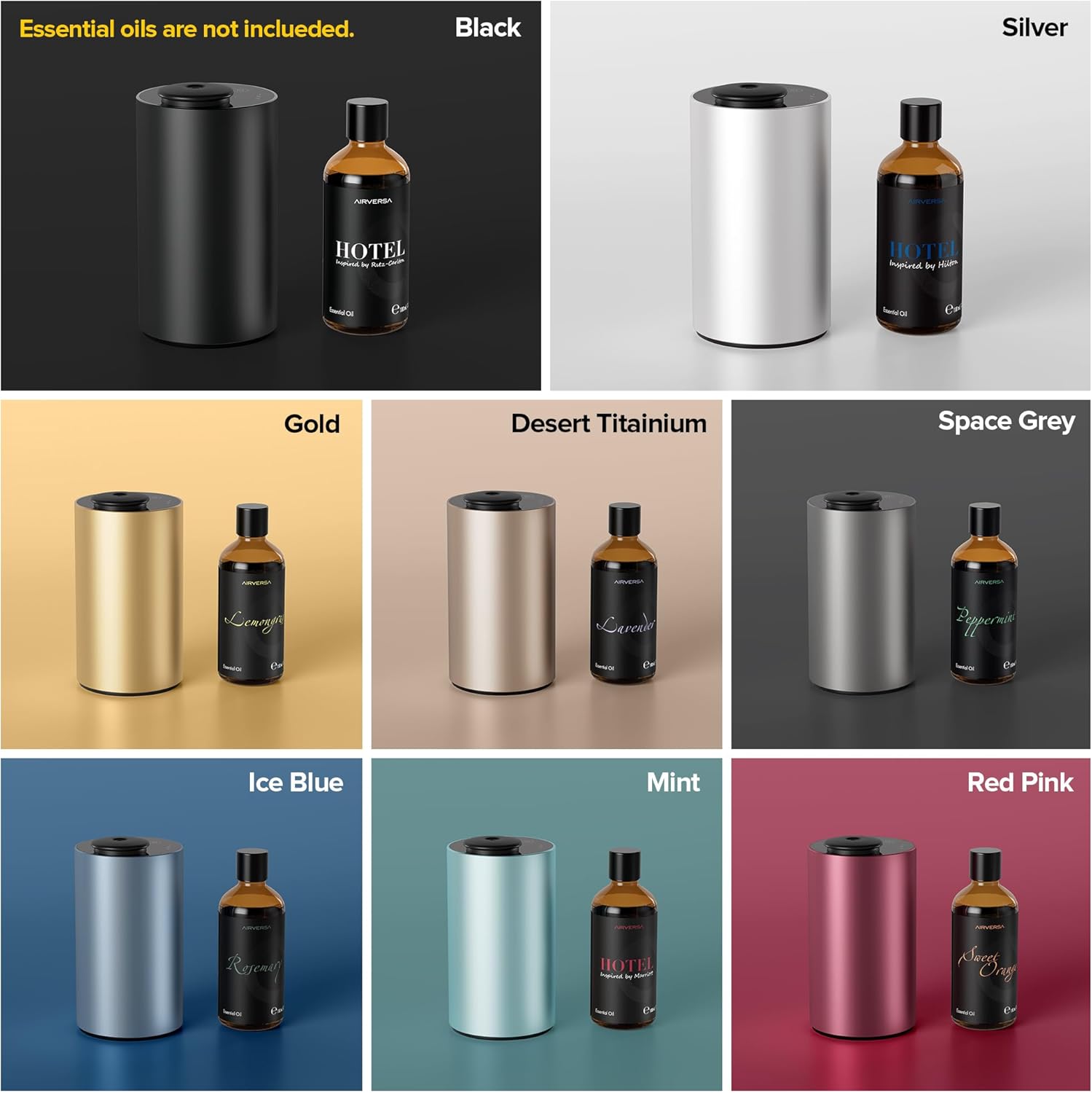 Airversa Waterless Essential Oil Diffuser for Home Aromatherapy Scent Diffusers with 3 Timer Settings or Timer-Off, 3 Mist Levels for Car Room Studio Office, ANX Premium Metal Gold