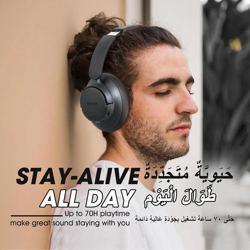 BERIBES Active Noise Cancelling Headphones, Headphones Wireless over ear with Microphone, 70H Playtime, Foldable Bluetooth Headphones with HiFi Audio, Deep Bass for Office, Travel, Gym