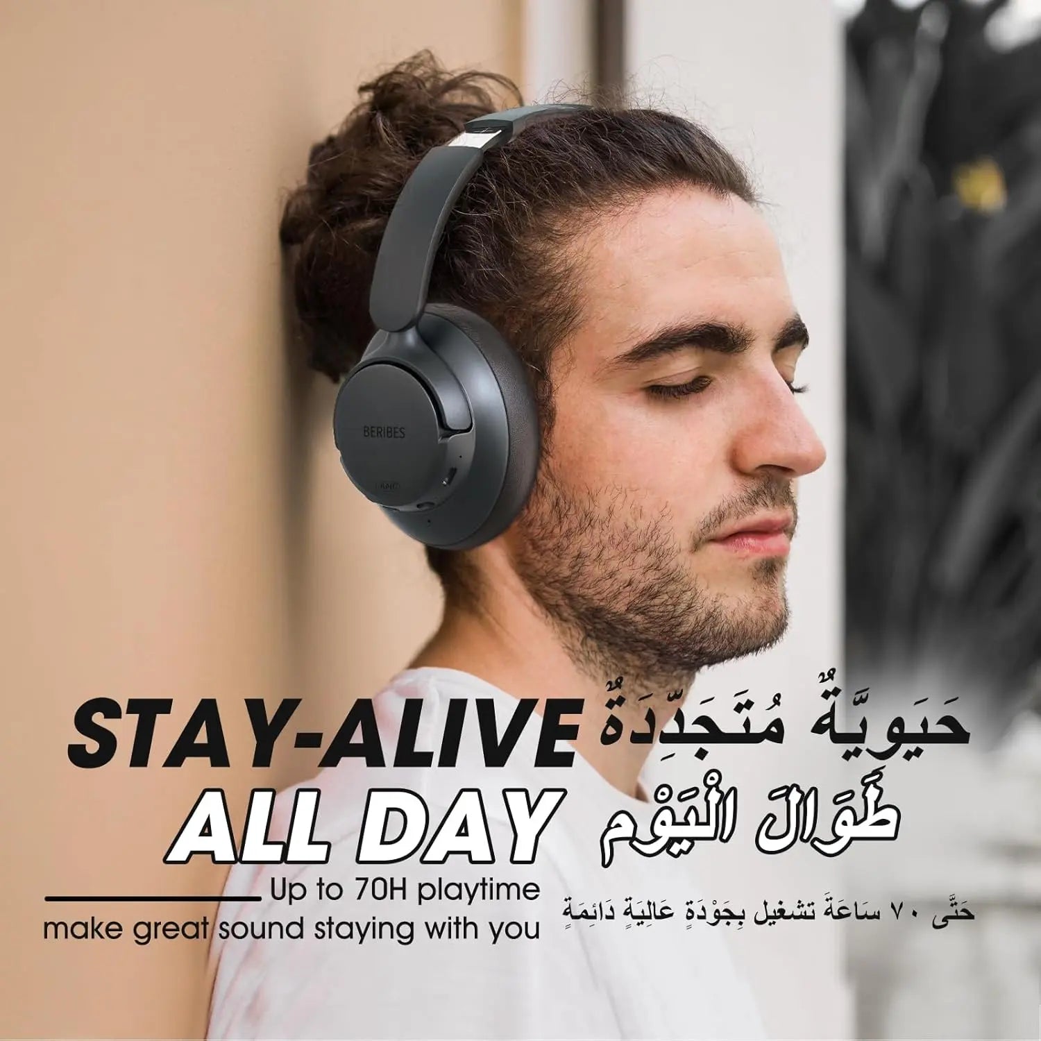 BERIBES Active Noise Cancelling Headphones, Headphones Wireless over ear with Microphone, 70H Playtime, Foldable Bluetooth Headphones with HiFi Audio, Deep Bass for Office, Travel, Gym