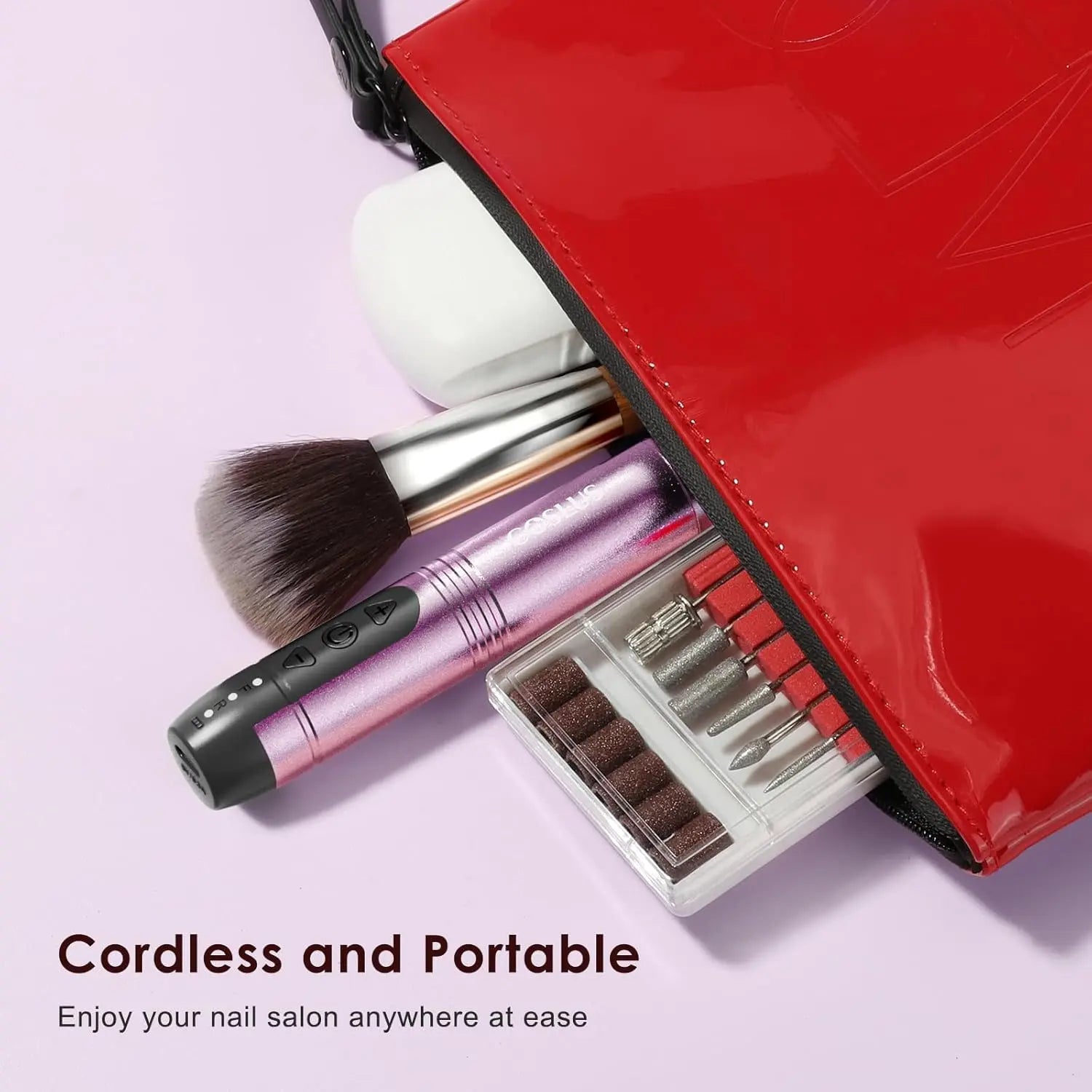Portable cordless nail drill kit in zippered travel pouch