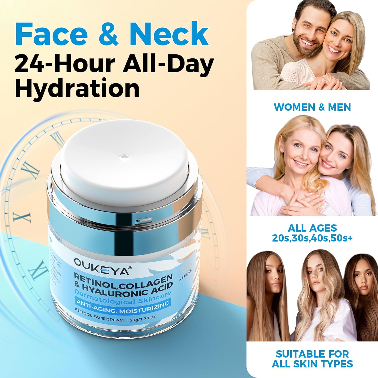 OUKEYA Retinol Cream for Face 3% Retinol Day & Night Cream, 5% Hyaluronic Acid & 5% Niacinamide, Anti Aging Moisturiser For Face & Neck, Hydrating, Firming, Non-Greasy, Fast Absorbing, 50g