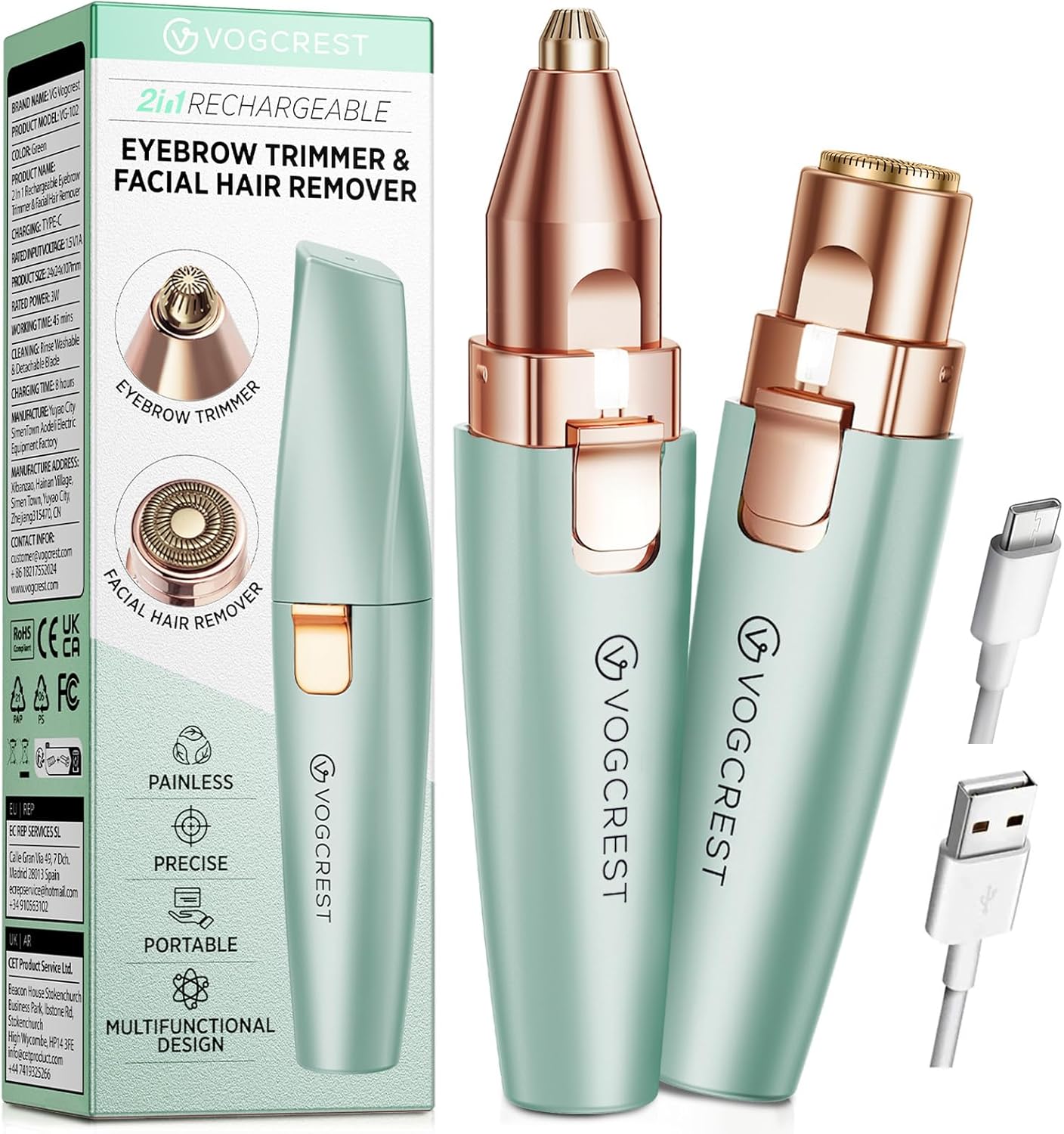 VG VOGCREST Eyebrow Facial Trimmer: 2 in1 Rechargeable Facial Hair Removal and Eyebrow Shaver - Face Lips Body Painless Facial Razor with Built-in LED Light (Green)