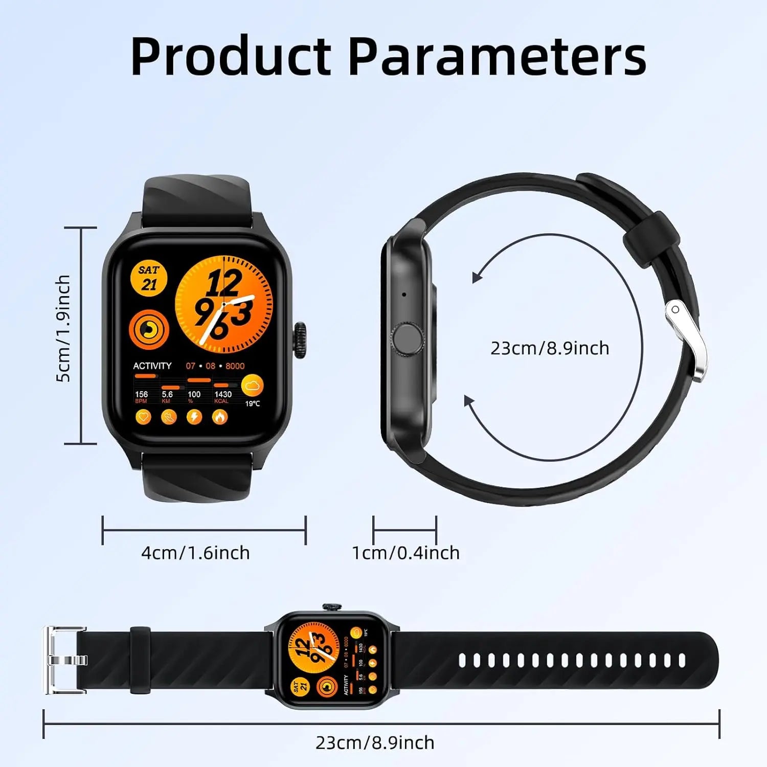 Technical diagram showing dimensions of black square smartwatch