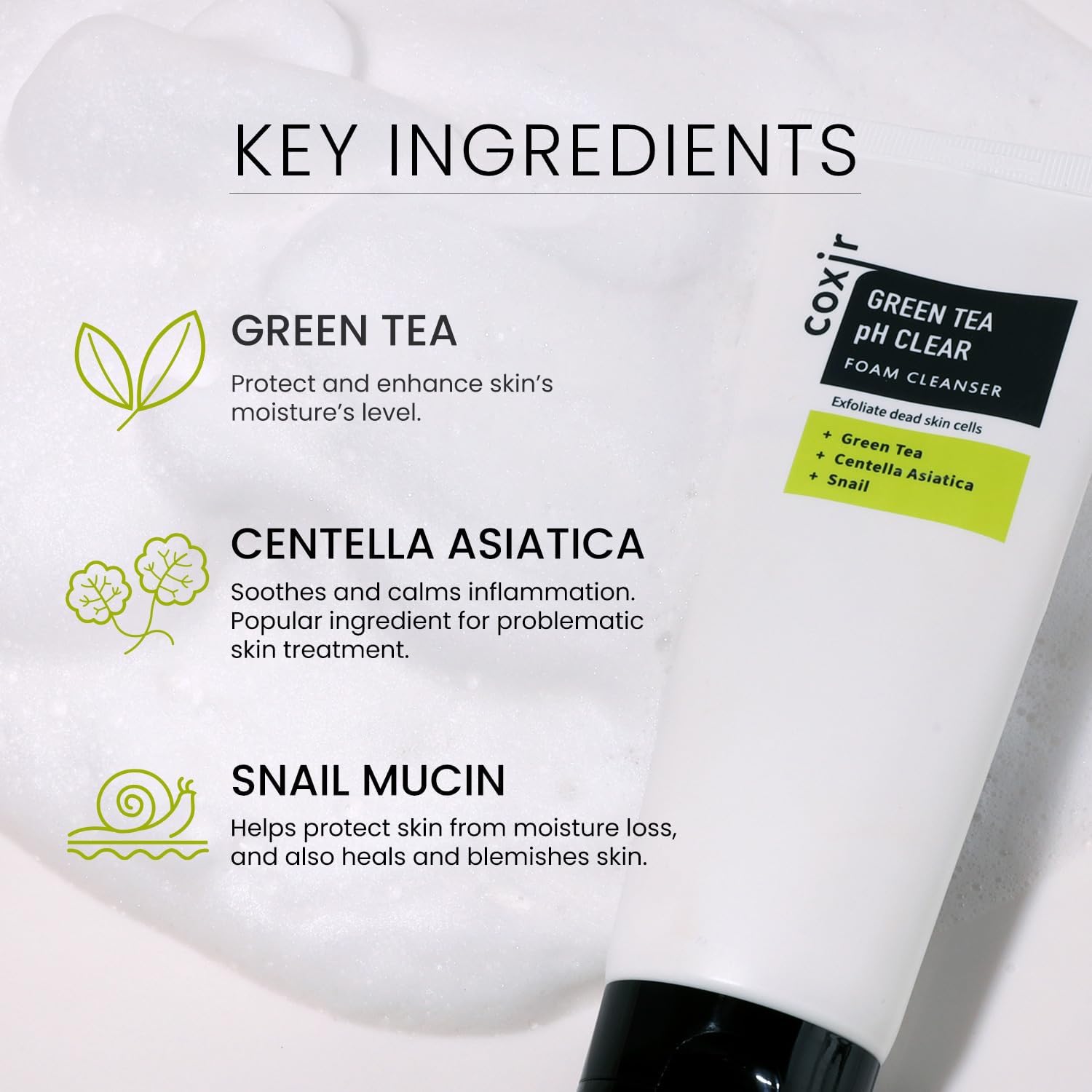 coxir GREENTEA PH CLEAR FOAM CLEANSER 5.07 Fl Oz l Low pH Formula Facial Washes with Gentle Exfoliating l deep cleanses pores and remove dead skin cells on skin